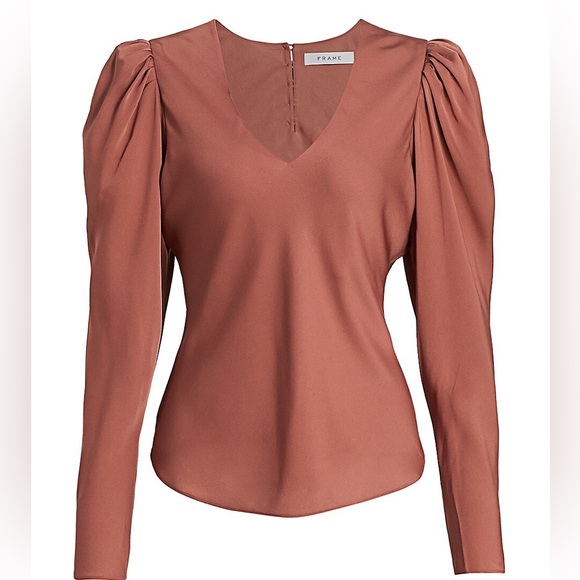 FRAME Shirred V-Neck Silk Blouse in Rosewood/sable color Size S - Picture 2 of 4
